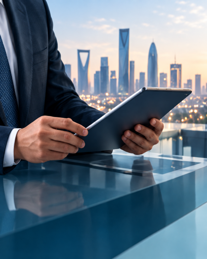 Businessman holding a tablet overlooking Riyadh
